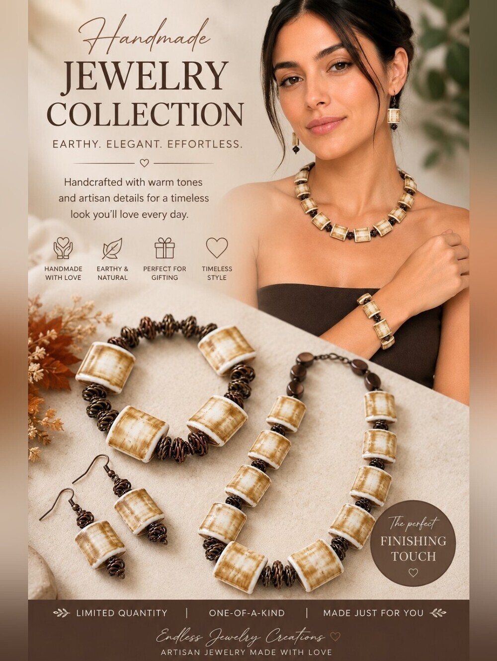 Earthy Brown & Cream Beaded Jewelry Set - Picture 3 of 9
